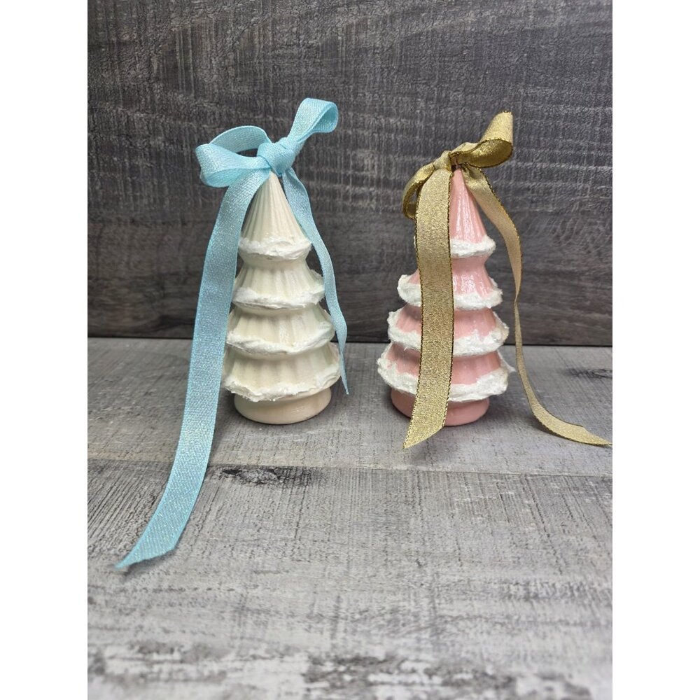 Vtg Pink White Ceramic Christmas Trees 5" – Set of 2 Handmade Cottagecore #29